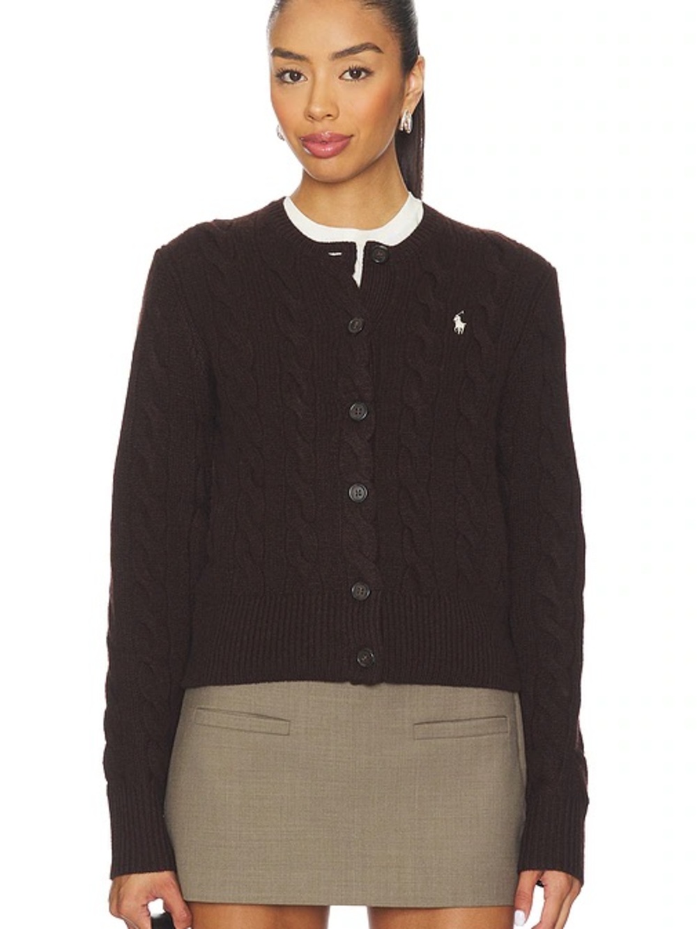 Polo by Ralph Lauren Brown Cable-Knit Button Wool Cashmere Cardigan
